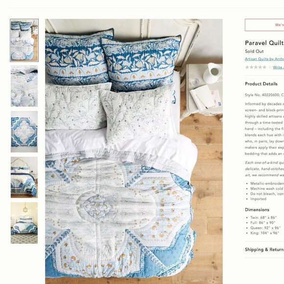 Anthropologie Blue and White Quilt - Picture 4 of 6